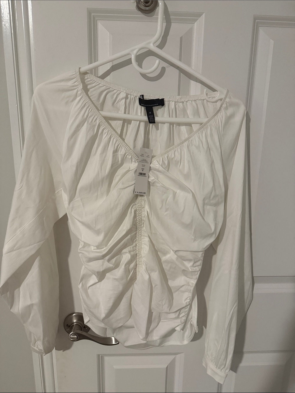 White House Black Market White Ruched Front Long Sleeve Blouse